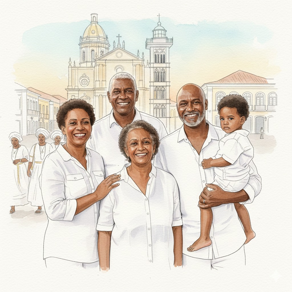 Família feliz no Pelourinho em Salvador